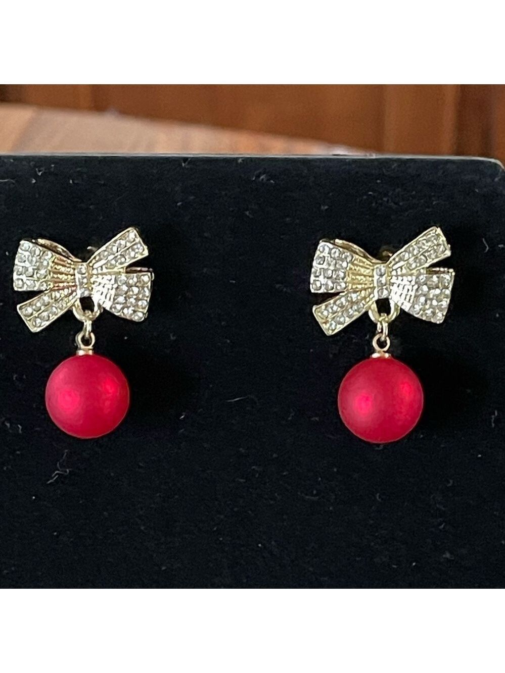 Earrings Red Ornament With Bow Gold Tone With Rhinestones Christmas Holiday - Picture 5 of 6